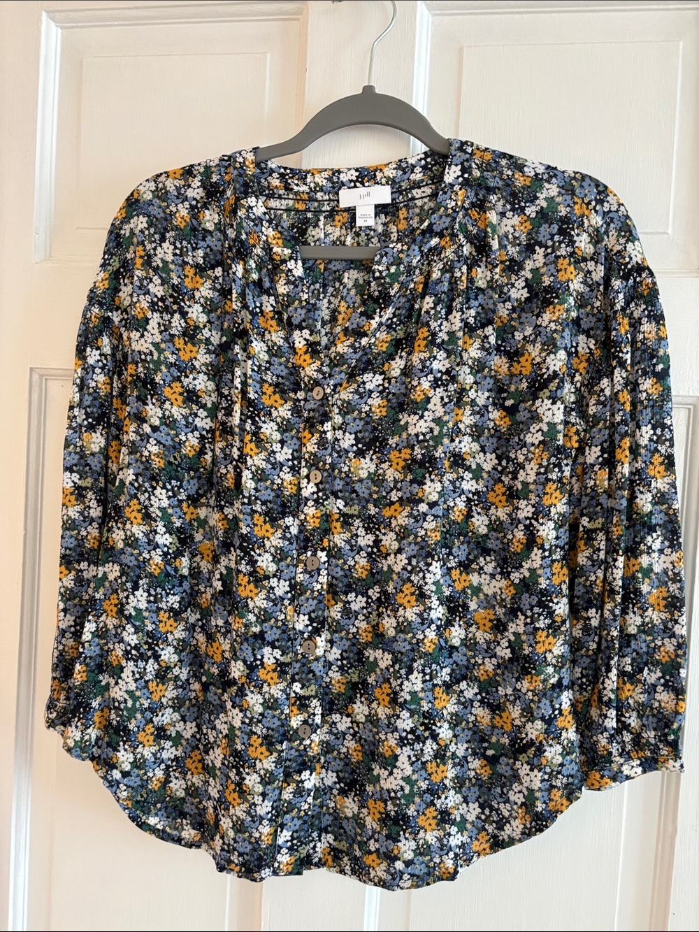 J. Jill Navy Floral Button-Front Blouse with Yellow and White Flowers